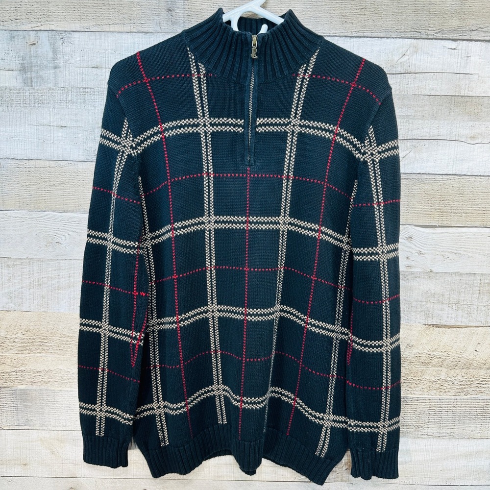 Lauren‎ Ralph Lauren Men Sweater Black Red Tan Plaid 1/4 Zip Cotton Size M